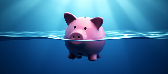 Pink piggy bank floats on water, drowning, about to sink - Concept of investment failure, budget issue, financial risk, debt problem, bankruptcy, economy crisis - obrazy, fototapety, plakaty
