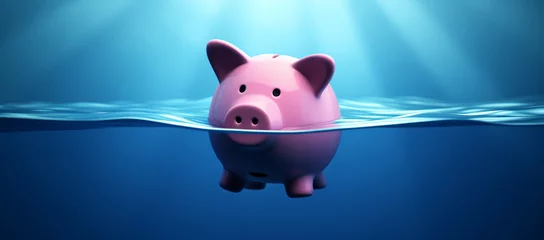 Fotobehang Pink piggy bank floats on water, drowning, about to sink - Concept of investment failure, budget issue, financial risk, debt problem, bankruptcy, economy crisis © mozZz