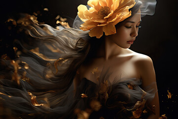 Dream girl, bloomig flower, black and gold color theme