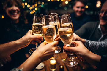 Happy friends having fun and toasting sparkling wine glasses close-up against golden bokeh lights background. Christmas celebration - obrazy, fototapety, plakaty