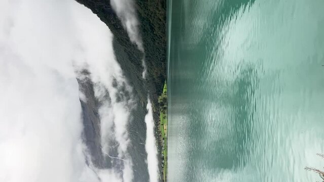A scene of a very rainy day at Oldevatnet Lake and the Briksdal Valley, Norway