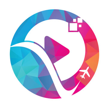 Airplane play button logo design. Airplane and record symbol or icon. Travel media logo design vector.
