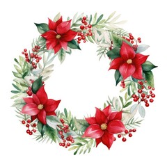 Naklejka premium Christmas Watercolor wreath on a white background. Round ornament of Christmas tree branches and Christmas flowers.