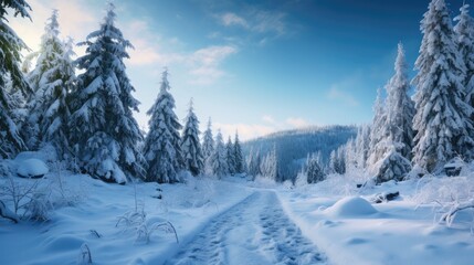 Obraz premium Winter's Wilderness Beckons: Embark on adventures in the cold, discovering the serenity of snowy forest trails that lead to seasonal beauty.