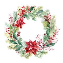 Christmas Watercolor wreath on a white background. Round ornament of Christmas tree branches and Christmas flowers.