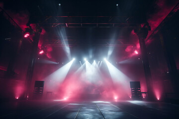 Fototapeta na wymiar An empty stage ready for concert, with big colored lights and smoke