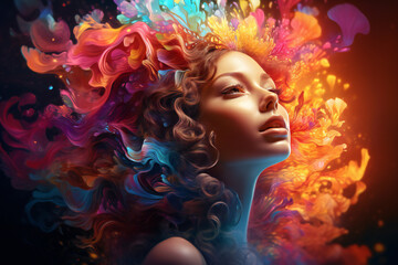 Colorful image of a young woman head wearing abstract colored shapes in her hair