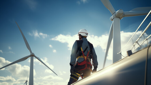 Closeup on a worker of an energy company standing high on a wind turbine to repair it 