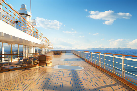 Empty open deck on a cruise ship on the sea in a sunny day
