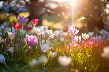 Flowers in a garden in spring under morning light