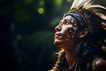 Head of an indigenous man in the rainforest, wearing a head scarf with feathers, looking up - Powered by Adobe