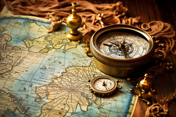 Fototapeta na wymiar An old map on a wooden table with an old compass on it