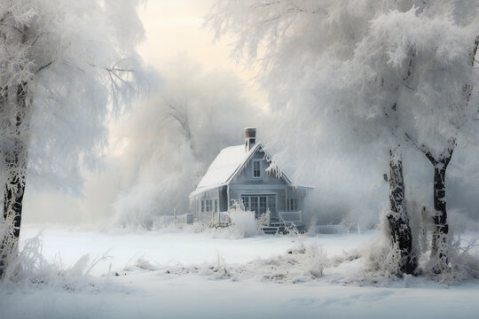 A house covered with snow in a forest in winter