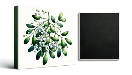 A watercolor artwork showing a close-up of a sprig of mistletoe with white berries on the left. The right side is uncluttered, suitable for seasonal messages.