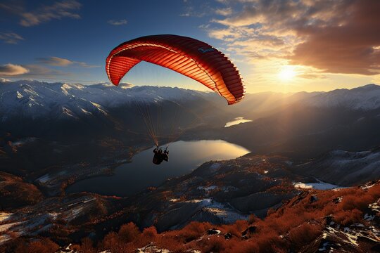 Free flight: paragliding over a mountain lake at dusk