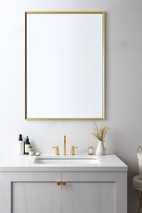 a bathroom sink with a gold frame above it
