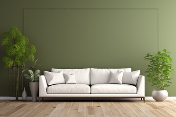 a white couch and two plants in a room