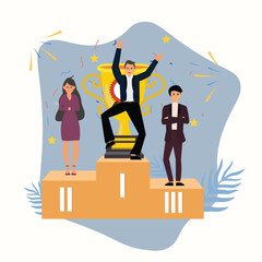 Vector happy businessmen dancing on the winning podium with trophy . man get reward with golden trophy cup. teamwork, first place holding trophy