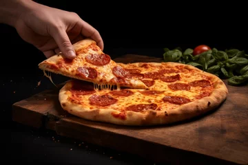 Foto op Aluminium Italian pizza New-York slice fast food hot crunchy fresh tasty meal salami tomato mozzarella dinner restaurant bistro pepperoni homemade lunch snack pizzeria italy dough traditional rustic ingredients © Yuliia