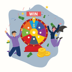 Lottery winner people male and female characters spinning wheel and getting prize man and woman winning jackpot risking and getting money players successfully rotating machine vector , win contest