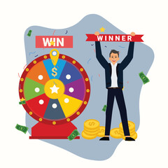 Lucky Person Man and Gambling Fortune Wheel Vector , contest win vector , Businessman won lottery in a contest illustration
