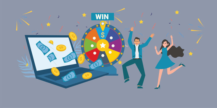 Online lottery game concept internet gambling man and woman winning jackpot banknotes and gold coins falling to , win contest illustration