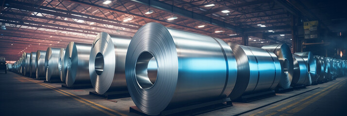 Roll of Steel Sheet in Factory Warehouse. Strip Galvanised Steel Coil or Cold Rolled Strip, a Steel Product Produced from a Hot Rolled Strip. Steel Mill. Generative AI. - obrazy, fototapety, plakaty