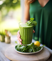 Woman holding a glass of green smoothie
