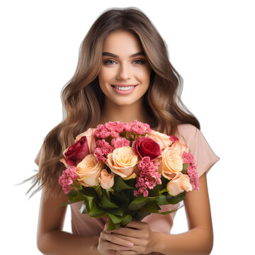 woman receiving a bouquet isolated on transparent or white background, png