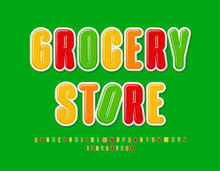Vector advertising emblem Grocery Store with bright Alphabet Letters and Numbers. Colorful modern Font