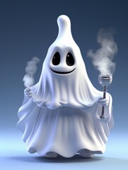 Cartoon white ghost in the smoke with smoking incense, AI