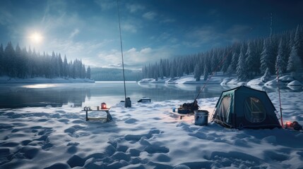 ice fishing scenes capturing the excitement of cold-weather fishing in various frosty environments