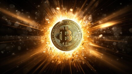 Bitcoin glowing gold coin on abstract glowing background.