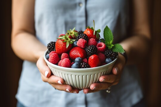a bowl of fruit in a woman's hands
