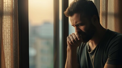 Fototapeta premium Man breakdown and life after loss. Frustration, ptsd, and depression after breakup or divorce. Psychological issues with mental conditions. Male with sad emotions and sorrow feelings in hard times.