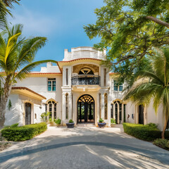 Obraz premium Luxury house with beautiful landscaping on a sunny day. Home exterior.