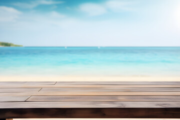 Fototapeta premium Empty wooden table light brown wood texture Blurred background, sea view and beach