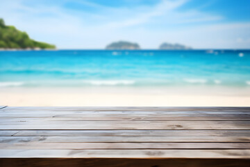 Fototapeta premium Empty wooden table light brown wood texture Blurred background, sea view and beach