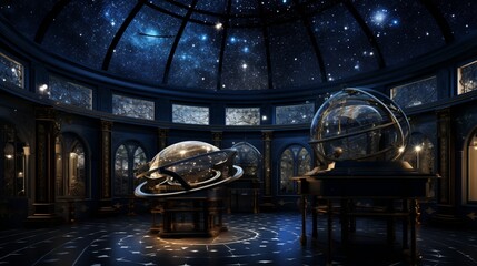 a mesmerizing celestial observatory with ornate telescopes, celestial maps, and a breathtaking view of the starry night sky, as if captured by an HD camera. - obrazy, fototapety, plakaty