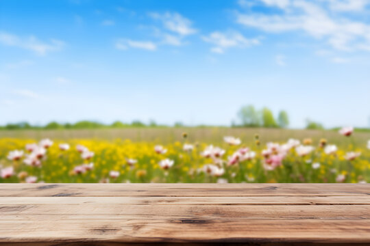 Empty wooden table light brown wood texture Blurred background, natural view Flower garden and blurred mountains