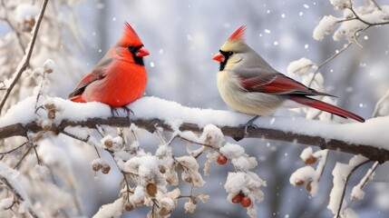 Witness the beauty of feathered friends against snow-covered branches in different locations