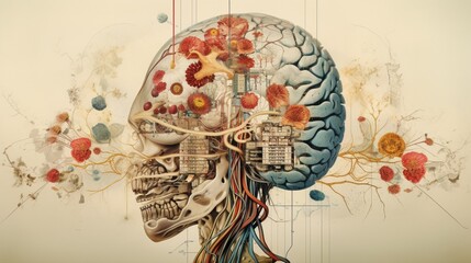 Create a stunning, high-definition depiction of the intricate human brain, highlighting its structure and functions through mixed media collage.
