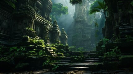 enigmatic, lost city in the heart of a dense rainforest, its ancient temples hidden beneath centuries of foliage, as if captured by an HD camera. - obrazy, fototapety, plakaty