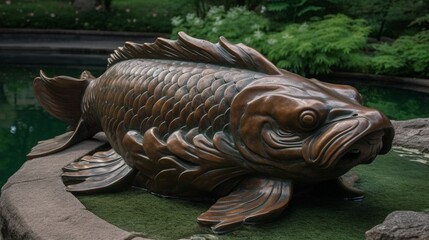 A showpiece of a large fish in garden