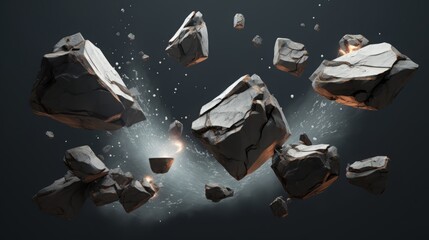 Rock stone white background fall black falling space isolated splash dust mountain cliff flying. Earth stone boulder texture rock abstract broken powder white dirt blast float burst fantasy surface. - Powered by Adobe