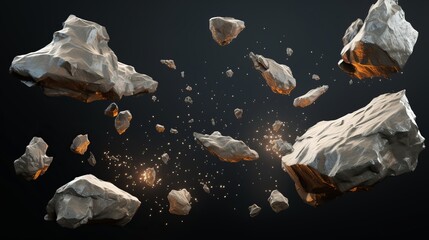 Rock stone white background fall black falling space isolated splash dust mountain cliff flying....