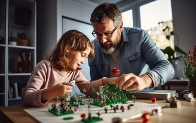 A parent helping a child with a school project at home