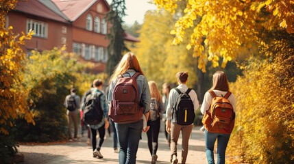 Obraz premium Joyful Children teenagers with backpacks going to school or university.