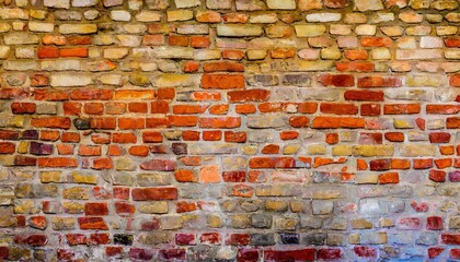 Old wall background with stained aged bricks, full texture, panoramic view