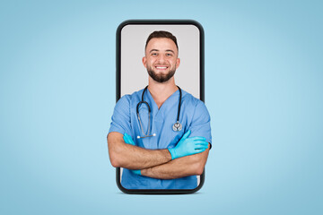 Young caucasian male doctor with folded arms on phone screen